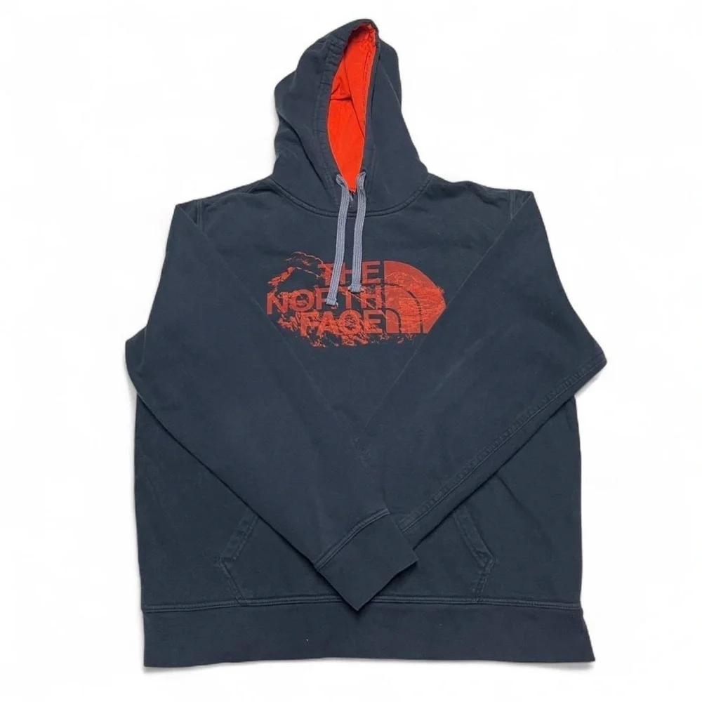 The North Face Men's Navy Hoodie with Orange Logo
